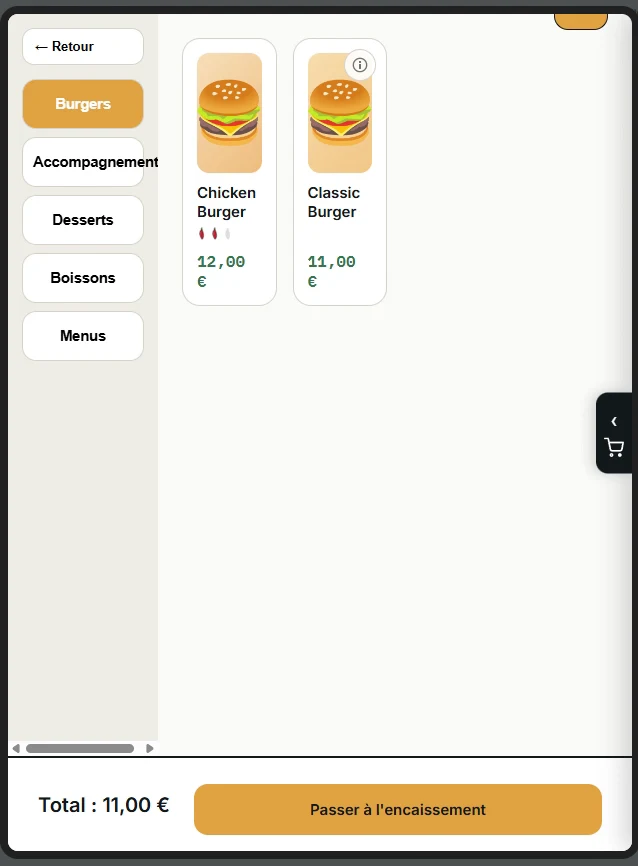 Une borne de commande Kerdos&nbsp;: les catégories à gauche, les burgers et le total du panier.