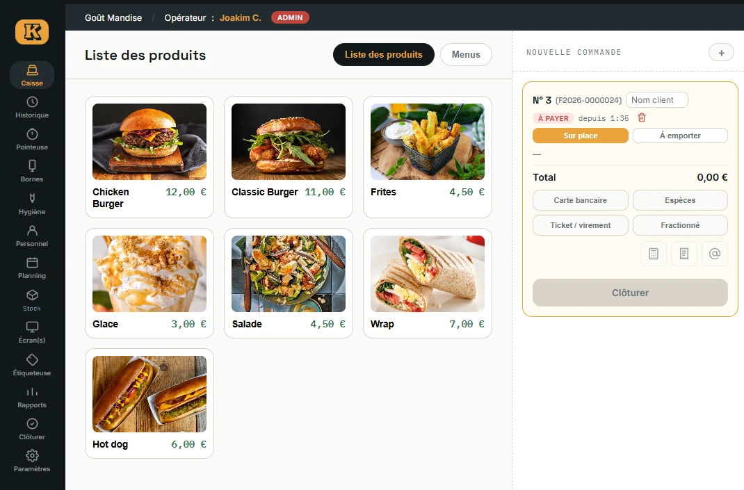 L'écran de caisse de Kerdos&nbsp;: burgers, frites, salade, wrap et desserts en photo à gauche, la commande en cours à droite avec les moyens de paiement.