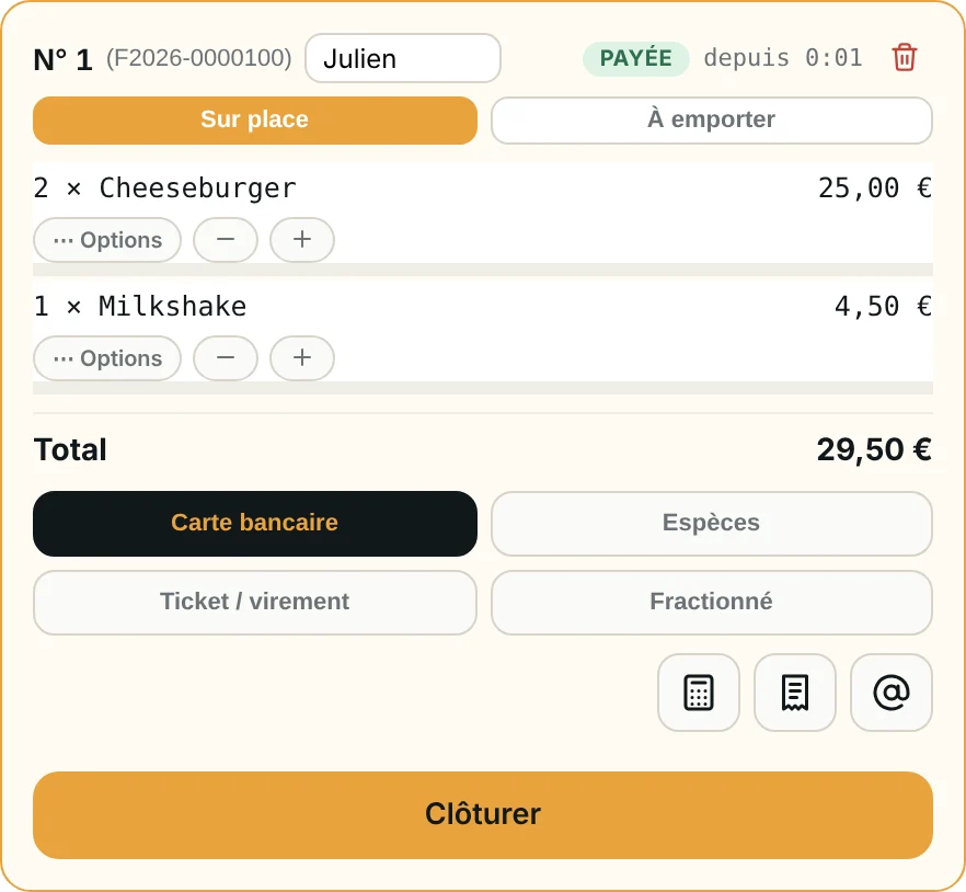 Une commande payée par carte bancaire dans la caisse Kerdos&nbsp;: deux cheeseburgers et un milkshake, avec le total et le bouton Clôturer.
