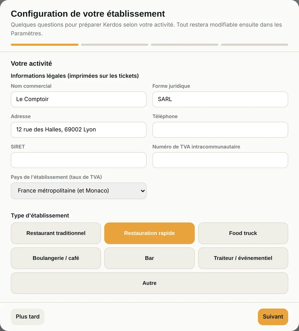 L'assistant de configuration de Kerdos&nbsp;: informations légales et choix de l'activité (restaurant traditionnel, restauration rapide, food truck, boulangerie ou café, bar, traiteur ou événementiel).
